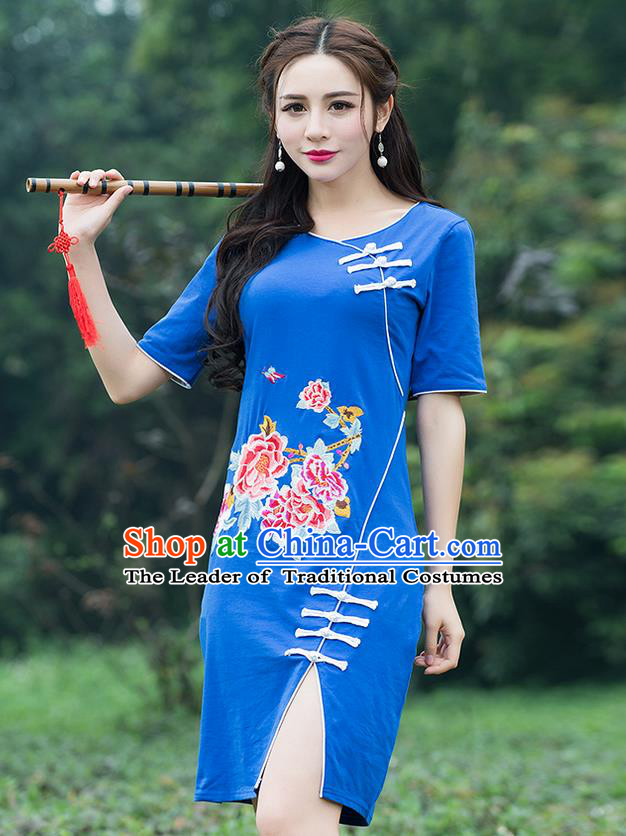 Traditional Ancient Chinese National Costume, Elegant Hanfu Mandarin Qipao Embroidered Blue Dress, China Tang Suit Chirpaur Republic of China Cheongsam Elegant Dress Clothing for Women