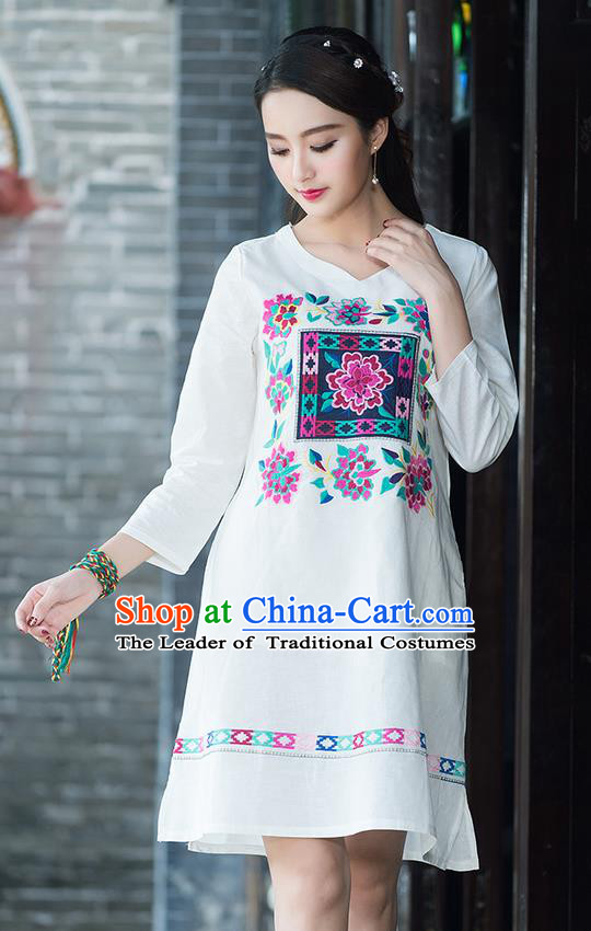 Traditional Ancient Chinese National Costume, Elegant Hanfu Mandarin Qipao Linen Embroidery White Dress, China Tang Suit Chirpaur Elegant Dress Clothing for Women