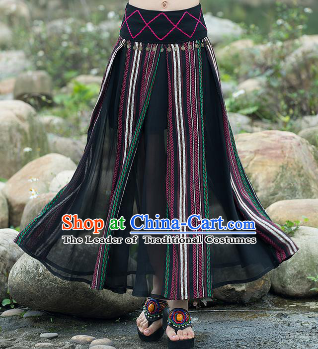 Traditional Ancient Chinese National Pleated Skirt Costume, Elegant Hanfu Embroidery Long Black Dress, China Tang Suit National Minority Bust Skirt for Women