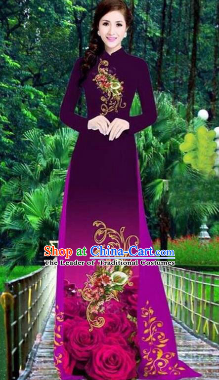 Top Grade Asian Vietnamese Traditional Dress, Vietnam Bride Ao Dai Dress, Princess Wedding Printing Peony Dress Wine Red Cheongsam Clothing for Women