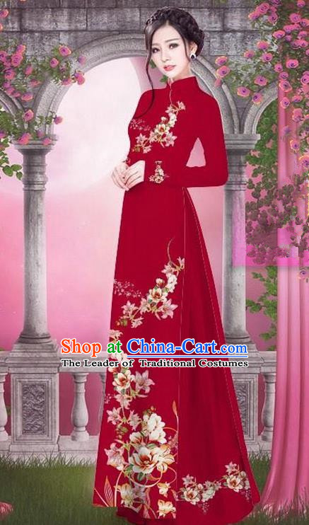 Top Grade Asian Vietnamese Traditional Dress, Vietnam Bride Ao Dai Printing Peach Blossom Flowers Dress, Vietnam Princess Wine Red Dress Cheongsam Clothing for Women