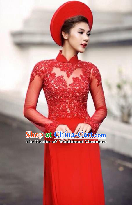Top Grade Asian Vietnamese Traditional Dress, Vietnam Bride Ao Dai Dress, Vietnam Princess Wedding Lace Dress Red Cheongsam Clothing for Women