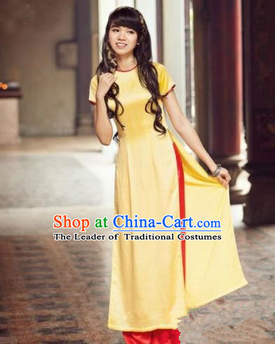 Top Grade Asian Vietnamese Traditional Dress, Vietnam Bride Ao Dai Dress, Vietnam Princess Wedding Yellow Dress and Loose Pants Cheongsam Clothing for Women