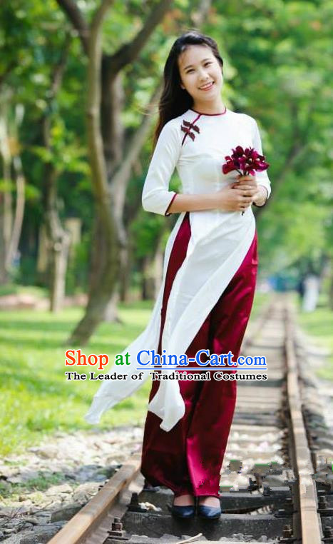 Top Grade Asian Vietnamese Traditional Dress, Vietnam Bride Ao Dai Dress, Vietnam Princess Wedding White Silk Dress and Loose Pants Cheongsam Clothing for Women
