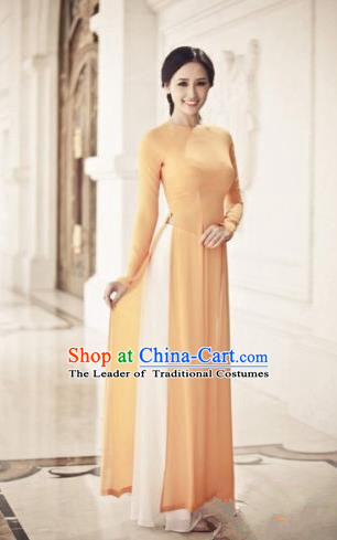 Top Grade Asian Vietnamese Traditional Dress, Vietnam Ao Dai Dress, Vietnam Princess Orange Full Dress and Pants Cheongsam Clothing for Women