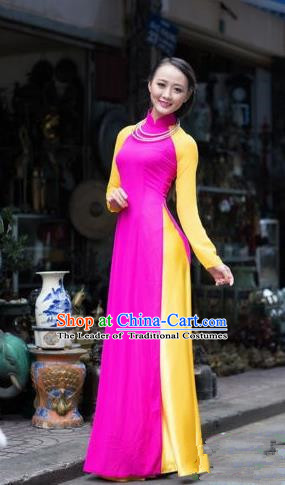 Top Grade Asian Vietnamese Traditional Dress, Vietnam Ao Dai Dress, Vietnam Princess Rose Silk Full Dress and Pants Cheongsam Clothing for Women