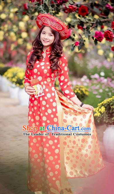 Top Grade Asian Vietnamese Traditional Dress, Vietnam National Ao Dai Dress, Vietnam Princess Silk Red Dress and Pants Hats Complete Set Cheongsam Clothing for Women