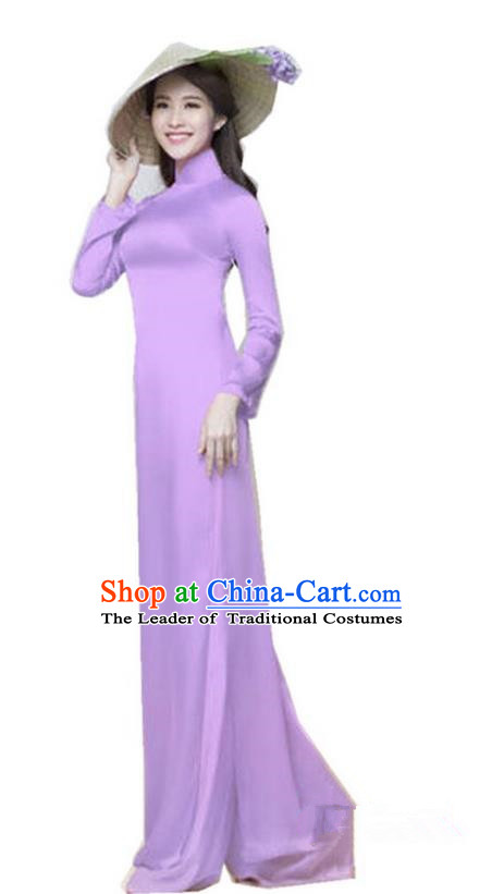Top Grade Asian Vietnamese Traditional Dress, Vietnam National Dowager Ao Dai Dress, Vietnam Purple Silk Cheongsam Dress and Pants Complete Set for Woman