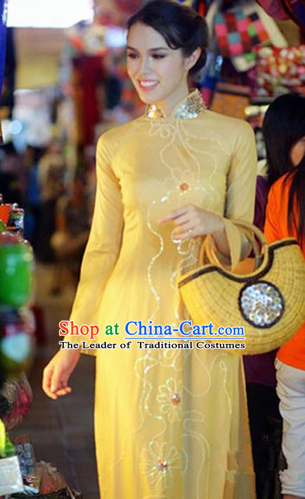 Top Grade Asian Vietnamese Traditional Dress, Vietnam National Young Lady Ao Dai Dress, Vietnam Queen Golden Cheongsam and Pants Complete Set for Women