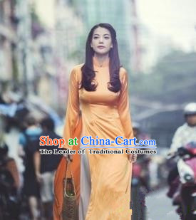 Top Grade Asian Vietnamese Traditional Dress, Vietnam National Female Ao Dai Dress, Vietnam Princess Orange Silk Cheongsam Wedding Clothing for Women