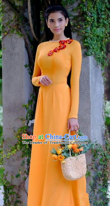 Top Grade Asian Vietnamese Traditional Dress, Vietnam National Dowager Ao Dai Dress, Vietnam Orange Chiffon Cheongsam Clothing for Woman