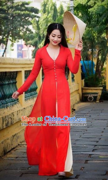 Top Grade Asian Vietnamese Traditional Dress, Vietnam National Dowager Ao Dai Dress, Vietnam Red Chiffon Cheongsam and Pants Clothing for Woman