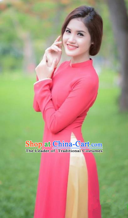 Top Grade Asian Vietnamese Traditional Dress, Vietnam National Dowager Ao Dai Dress, Vietnam Pink Cheongsam Dress and Pants for Woman