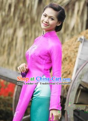 Top Grade Asian Vietnamese Traditional Dress, Vietnam National Dowager Ao Dai Dress, Vietnam Rose Embroidered Cheongsam Dress and Pants for Woman