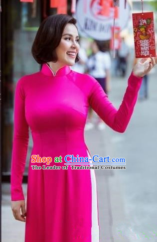 Top Grade Asian Vietnamese Traditional Dress, Vietnam National Dowager Ao Dai Dress, Vietnam Rose Ao Dai Cheongsam Dress and Pants for Woman