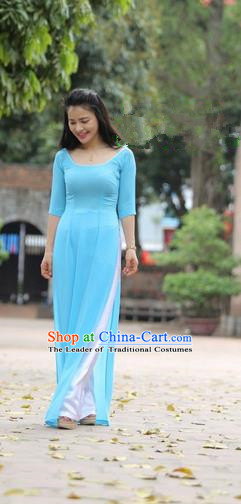 Top Grade Asian Vietnamese Traditional Dress, Vietnam National Dowager Ao Dai Dress, Vietnam Blue Ao Dai Cheongsam Dress and Pants for Woman