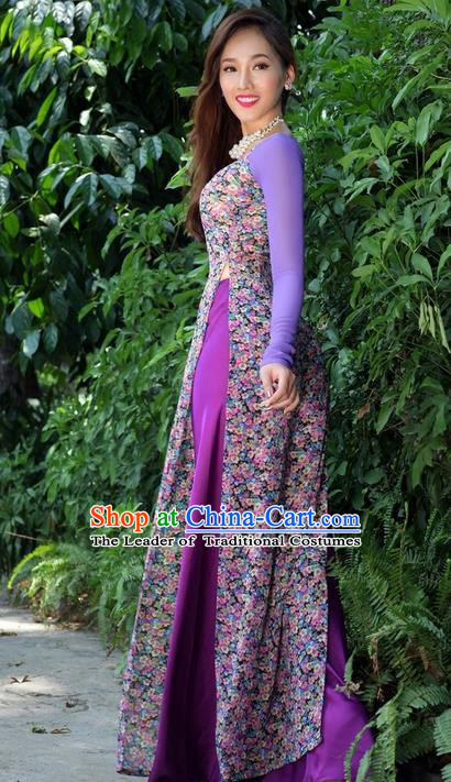 Top Grade Asian Vietnamese Traditional Dress, Vietnam National Princess Ao Dai Dress, Vietnam Purple Printing Ao Dai Cheongsam Dress and Pants Clothing for Woman