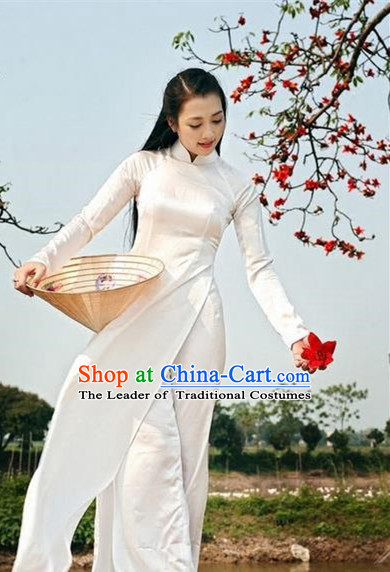 Top Grade Asian Vietnamese Traditional Dress, Vietnam National Princess Ao Dai Dress, Vietnam White Ao Dai Cheongsam Dress Clothing for Woman