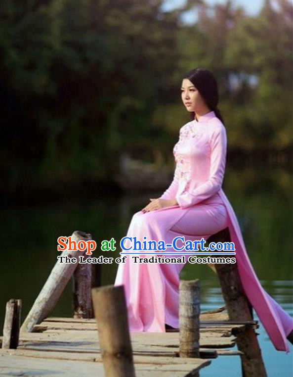 Traditional Top Grade Asian Vietnamese Dress, Vietnam National Female Handmade Ao Dai Dress Women Pink Dress Ao Dai Cheongsam Clothing