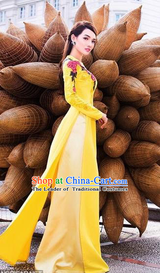 Traditional Top Grade Asian Vietnamese Dress, Vietnam National Female Handmade Ao Dai Dress Bride Wedding Yellow Chiffon Cheongsam Clothing