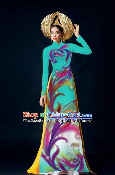 Traditional Top Grade Asian Vietnamese Costumes Dance Dress, Vietnam National Female Handmade Blue Printing Ao Dai Dress Cheongsam Clothing for Women