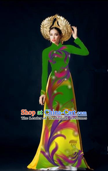 Traditional Top Grade Asian Vietnamese Costumes Dance Dress, Vietnam National Female Handmade Green Printing Ao Dai Dress Cheongsam Clothing for Women
