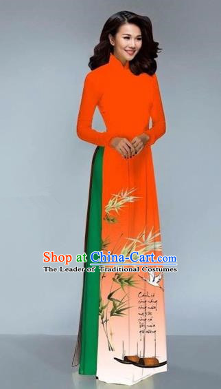 Traditional Top Grade Asian Vietnamese Costumes Dance Dress, Vietnam National Female Handmade Printing Bamboo Orange Ao Dai Dress Cheongsam Clothing for Women