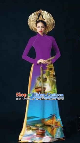 Traditional Top Grade Asian Vietnamese Costumes Dance Dress, Vietnam National Female Handmade Printing Purple Ao Dai Dress Cheongsam Clothing for Women