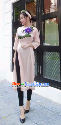 Traditional Top Grade Asian Vietnamese Costumes, Vietnam National Female Handmade Ao Dai Dress Cheongsam Purple Flowers Clothing for Women