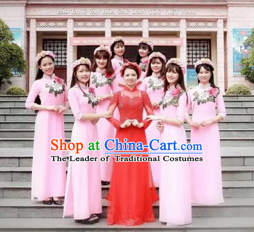 Traditional Top Grade Asian Vietnamese Costumes Dance Dress, Vietnam National Female Handmade Wedding Pink Bridesmaid Embroidered Ao Dai Dress Cheongsam Clothing for Women