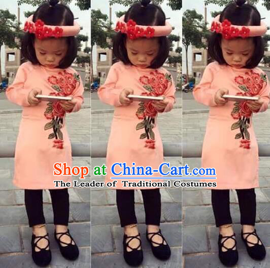 Traditional Top Grade Asian Vietnamese Costumes Dance Dress, Vietnam National Children Ao Dai Dress Embroidered Pink Cheongsam Clothing for Girls