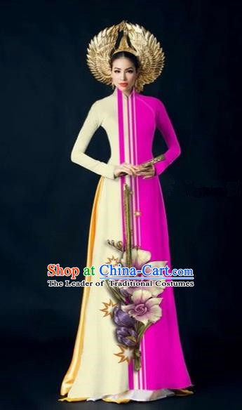 Traditional Top Grade Asian Vietnamese Costumes Dance Dress and Pants Complete Set, Vietnam National Women Ao Dai Dress Flowers Painting Rose Cheongsam Clothing