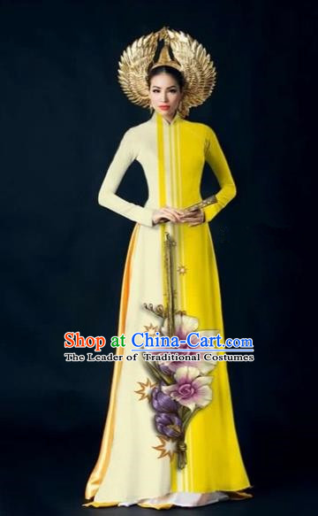 Traditional Top Grade Asian Vietnamese Costumes Dance Dress and Pants Complete Set, Vietnam National Women Ao Dai Dress Flowers Painting Yellow Cheongsam Clothing