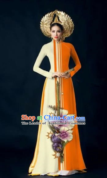 Traditional Top Grade Asian Vietnamese Costumes Dance Dress and Pants Complete Set, Vietnam National Women Ao Dai Dress Flowers Painting Orange Cheongsam Clothing