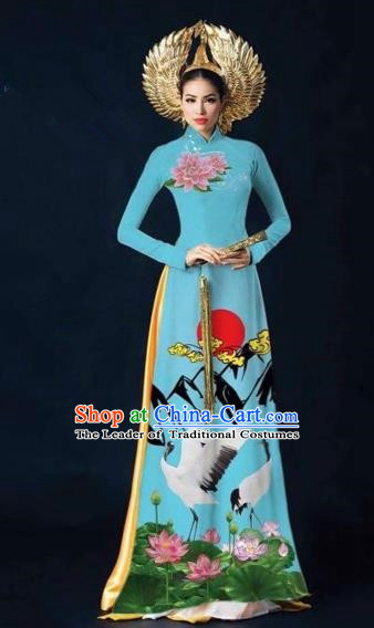 Traditional Top Grade Asian Vietnamese Costumes Dance Dress and Pants Complete Set, Vietnam National Women Ao Dai Dress Flowers Crane Painting Blue Cheongsam Clothing