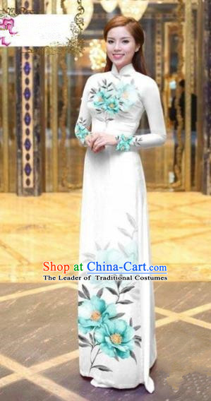 Traditional Top Grade Asian Vietnamese Costumes Dance Dress, Vietnam National Female Handmade Printing Light Blue Flowers Ao Dai Dress Cheongsam Clothing for Women