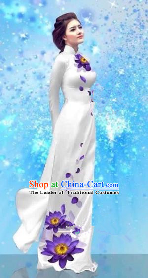 Traditional Top Grade Asian Vietnamese Costumes Dance Dress and Pants, Vietnam National Female Handmade Printing White Ao Dai Dress Cheongsam Clothing for Women
