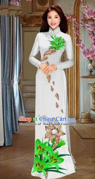 Traditional Top Grade Asian Vietnamese Costumes Dance Dress and Pants, Vietnam National Female Handmade Printing Green Flowers Ao Dai Dress Cheongsam Clothing for Women