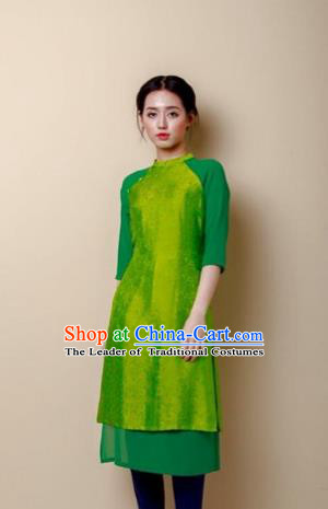 Traditional Top Grade Asian Vietnamese Costumes Dance Dress, Vietnam National Female Handmade Green Embroidered Ao Dai Dress Cheongsam Clothing for Women