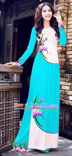 Traditional Top Grade Asian Vietnamese Costumes Handmade Dance Dress, Vietnam National Female Printing Flowers Blue Ao Dai Dress Cheongsam Clothing for Women