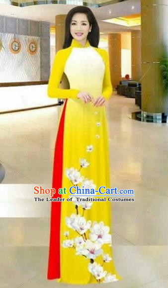 Traditional Top Grade Asian Vietnamese Costumes Dance Dress, Vietnam National Female Printing Flowers Yellow Ao Dai Dress Stand Collar Cheongsam Clothing for Women