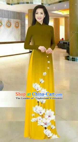 Traditional Top Grade Asian Vietnamese Costumes Dance Dress, Vietnam National Female Printing Flowers Olive Green Ao Dai Dress Stand Collar Cheongsam Clothing for Women