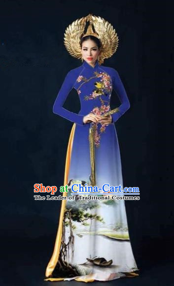 Traditional Top Grade Asian Vietnamese Costumes Dance Dress and Pants, Vietnam National Female Printing Crane Blue Ao Dai Dress Cheongsam Clothing Complete Set for Women