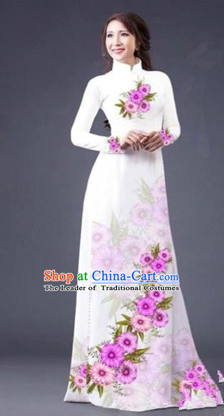 Traditional Top Grade Asian Vietnamese Costumes Dance Dress, Vietnam National Female Painting Flowers White Ao Dai Dress Cheongsam Clothing for Women