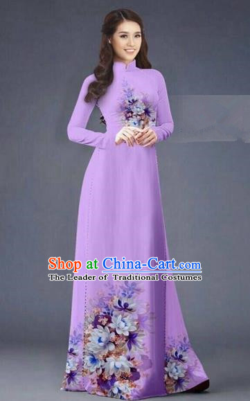 Traditional Top Grade Asian Vietnamese Costumes Dance Dress, Vietnam National Women Ao Dai Dress Printing Flowers Long Purple Cheongsam Clothing