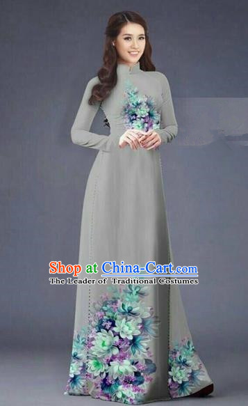 Traditional Top Grade Asian Vietnamese Costumes Dance Dress, Vietnam National Women Ao Dai Dress Printing Flowers Long Grey Cheongsam Clothing