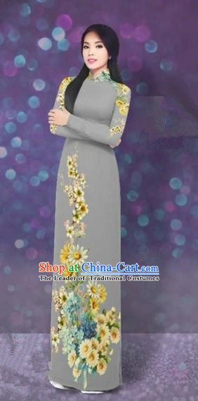 Traditional Top Grade Asian Vietnamese Costumes Dance Dress, Vietnam National Women Ao Dai Dress Printing Daisy Flowers Long Grey Cheongsam Clothing