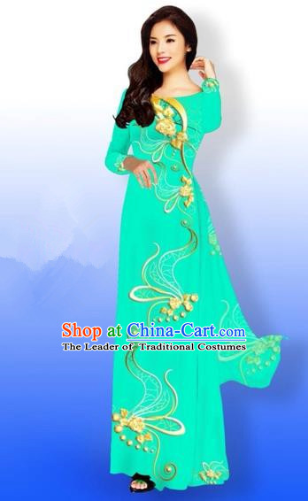 Traditional Top Grade Asian Vietnamese Costumes Dance Dress and Loose Pants, Vietnam National Women Ao Dai Dress Printing Long Bright Green Cheongsam Clothing Complete Set