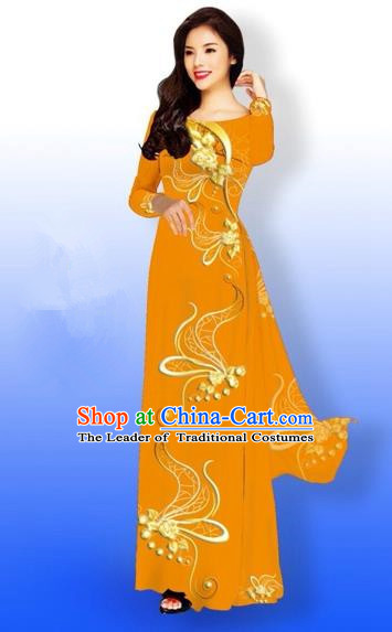 Traditional Top Grade Asian Vietnamese Costumes Dance Dress and Loose Pants, Vietnam National Women Ao Dai Dress Printing Long Orange Cheongsam Clothing Complete Set