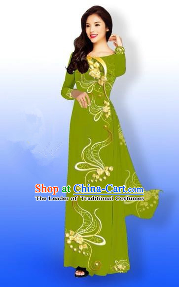 Traditional Top Grade Asian Vietnamese Costumes Dance Dress and Loose Pants, Vietnam National Women Ao Dai Dress Printing Long Olive Green Cheongsam Clothing Complete Set